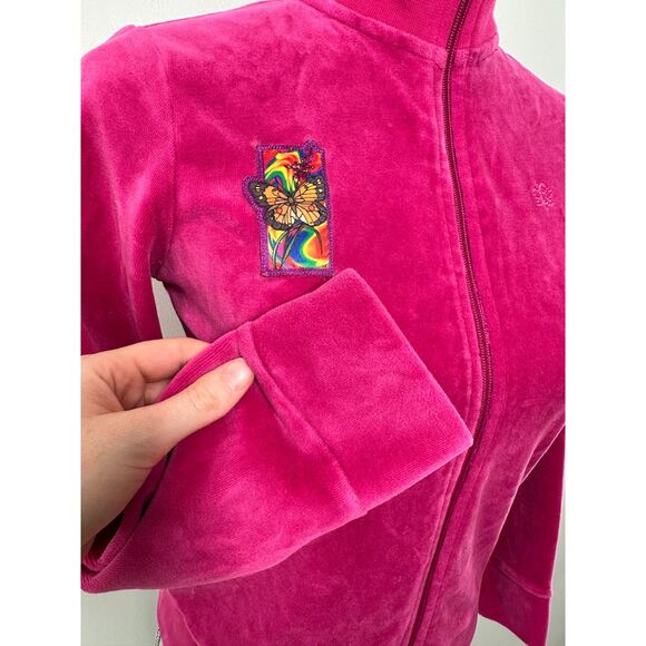Vintage Y2k Magenta Pink Velour Track Jacket Rainbow Butterfly Patch size JR M - Picture 4 of 8